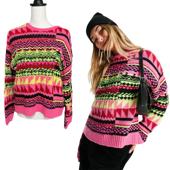 ASOS DESIGN High Neck Sweater Multi Geo Pattern Size 4 Bright Neon - Picture 1 of 9